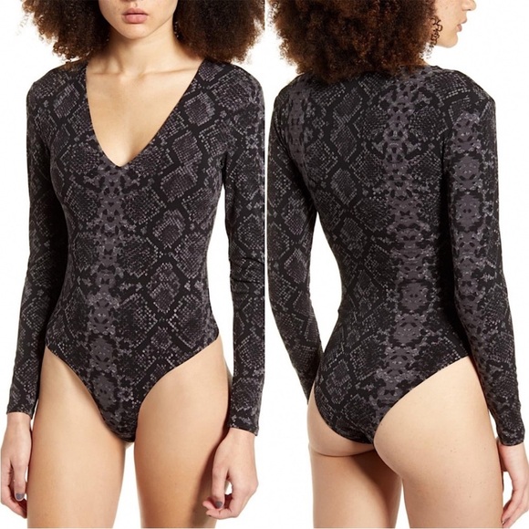 Leith Black Gray Snake Print Long Sleeve Bodysuit Medium - Picture 1 of 11